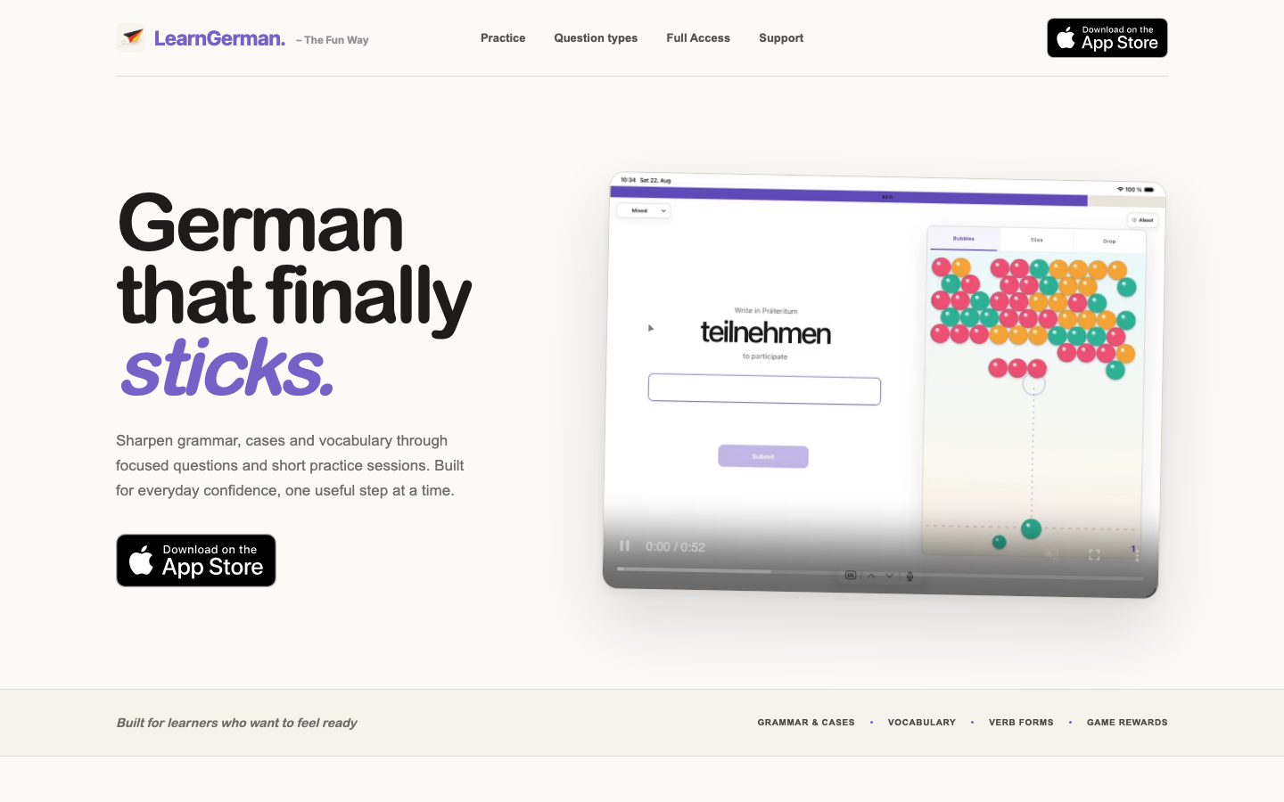 Learn German - The Fun Way website home page with a German practice app preview
