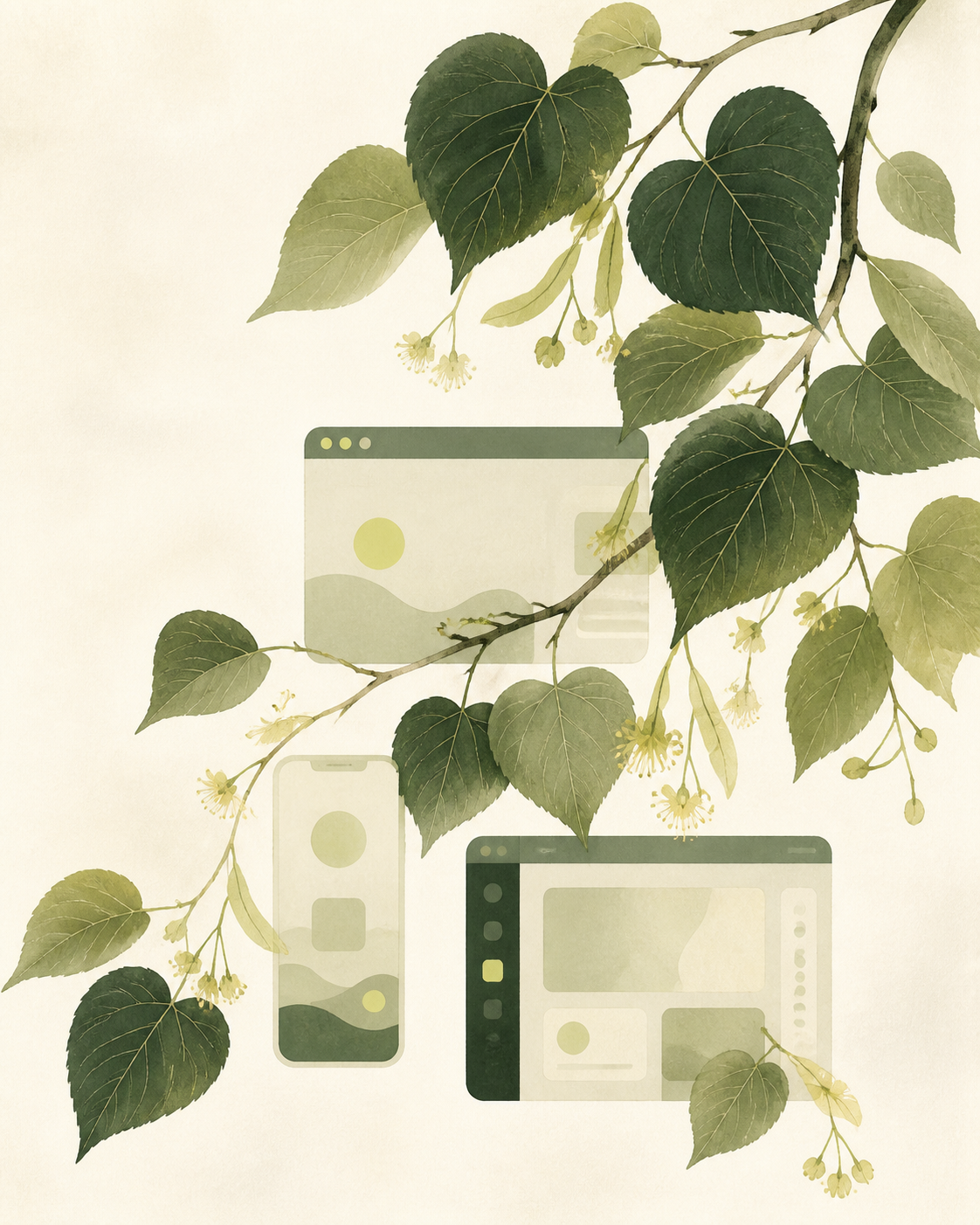 Illustration of Linden leaves framing abstract web, mobile, and desktop interfaces